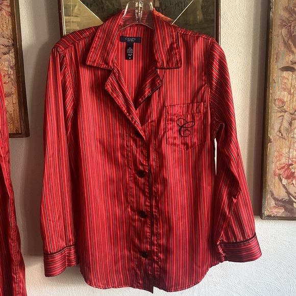 RALPH LAUREN CHAPS RED STRIPE SILKY LS BUTTON DOWN TOP DRAWSTRING PJ PANTS SET M - Picture 10 of 17